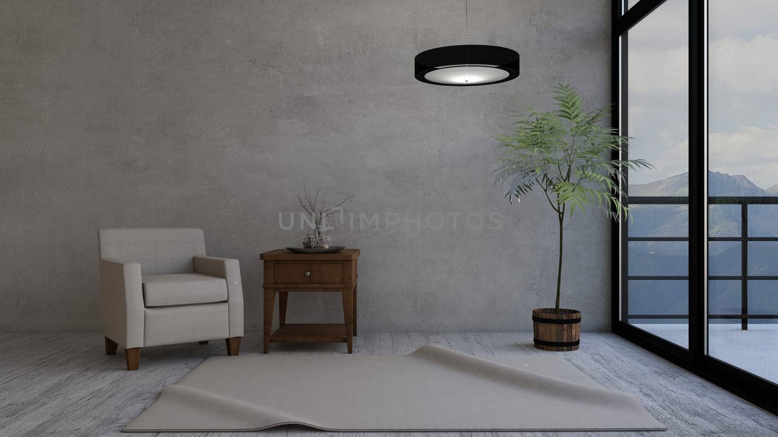 Render of 3D contemporary Living Room Interior and modern furniture