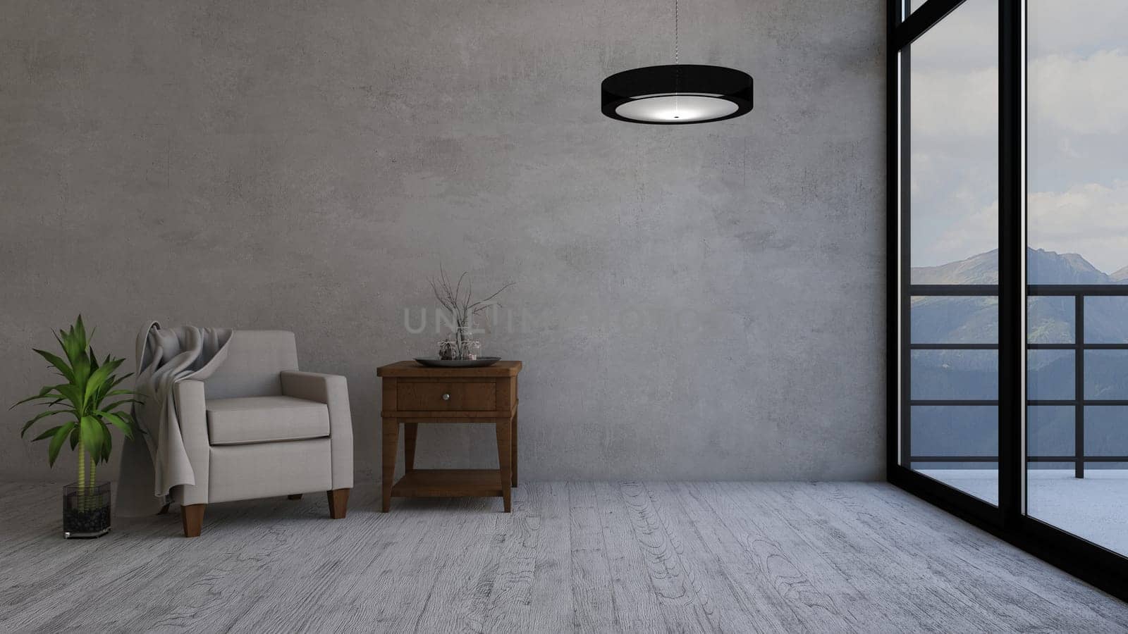 Render of 3D contemporary Living Room Interior and modern furniture
