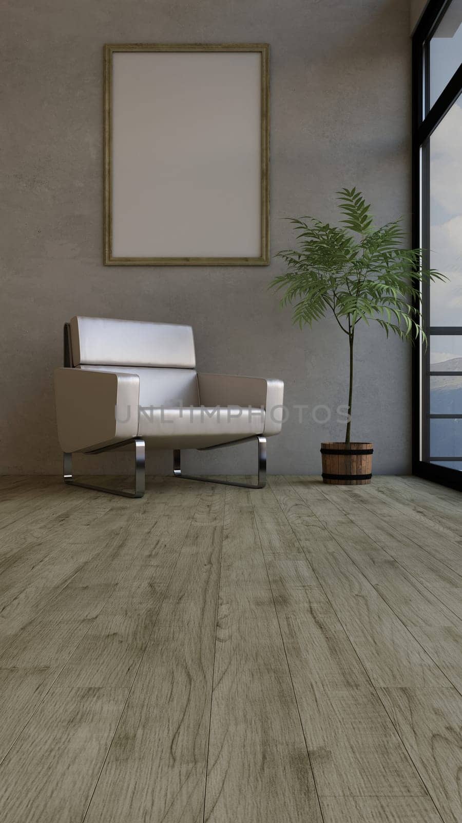 3D render of an empty room and picture frame