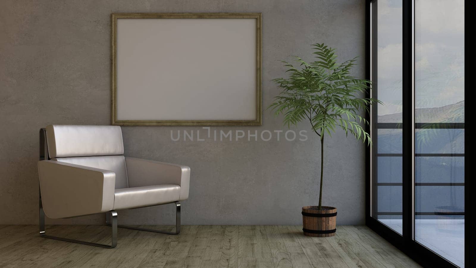 3D render of an empty room and picture frame
