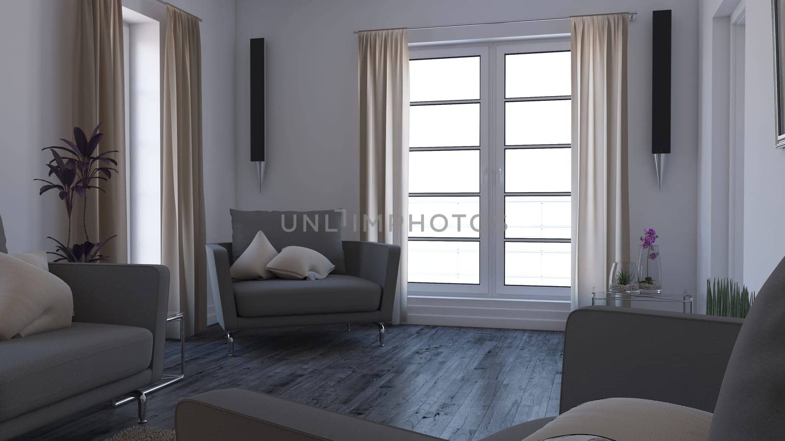 Render of 3D contemporary Living Room Interior and modern furniture