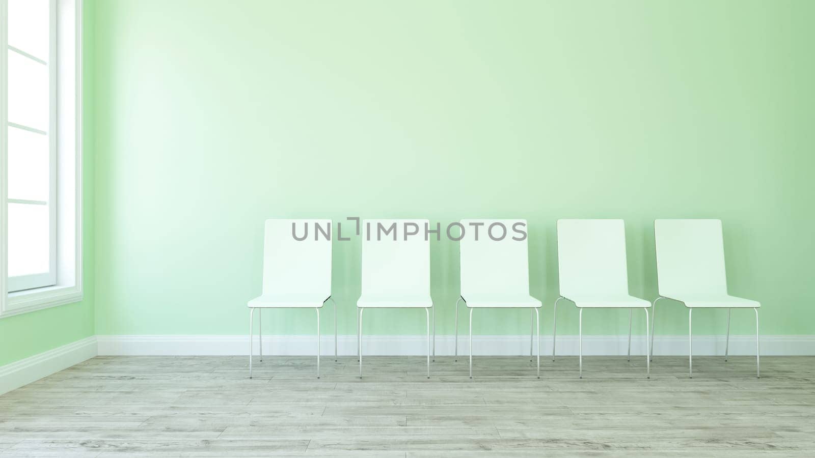 3D render of a row of chairs in an empty room