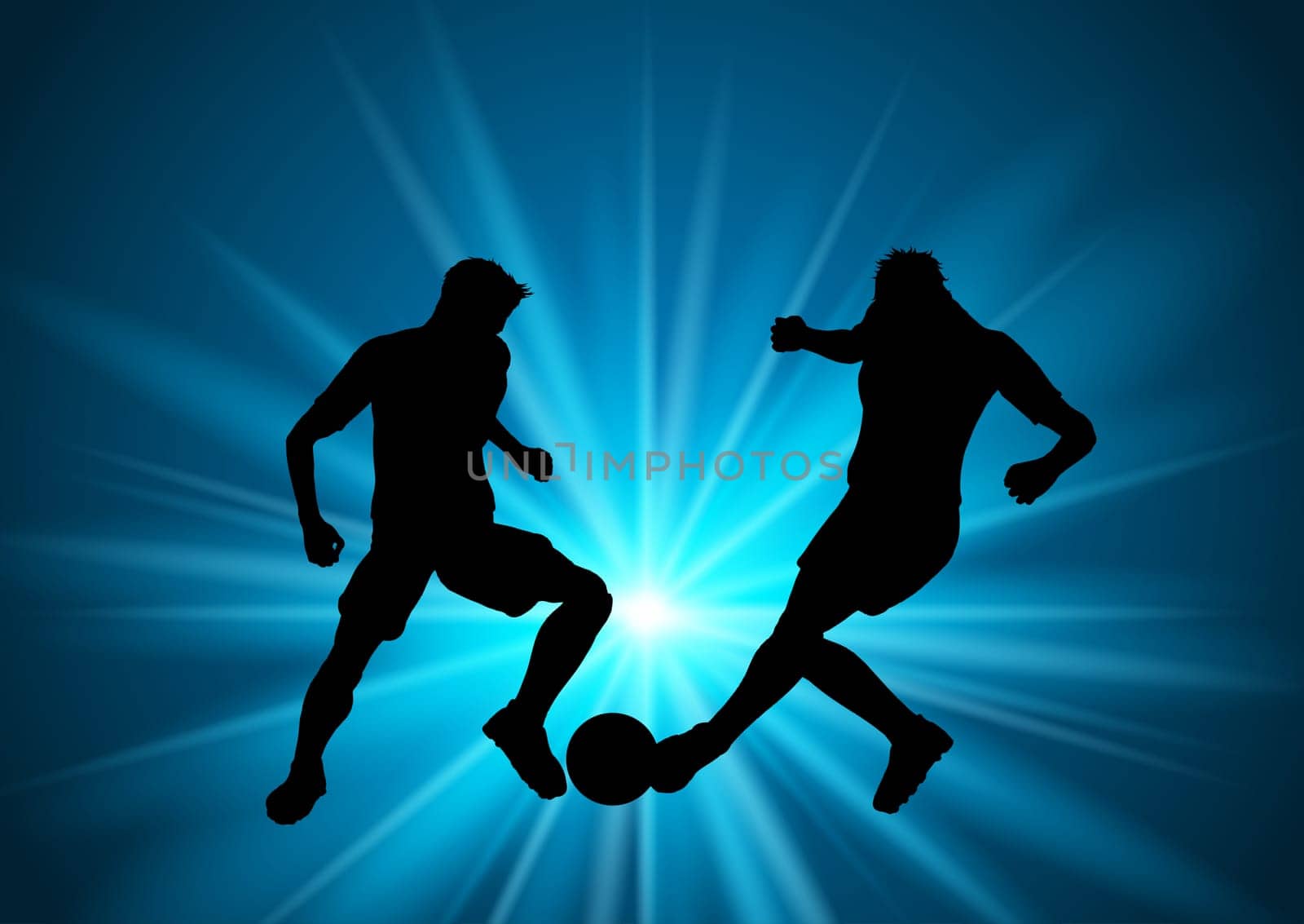 Silhouettes of football or soccer players on a starburst background