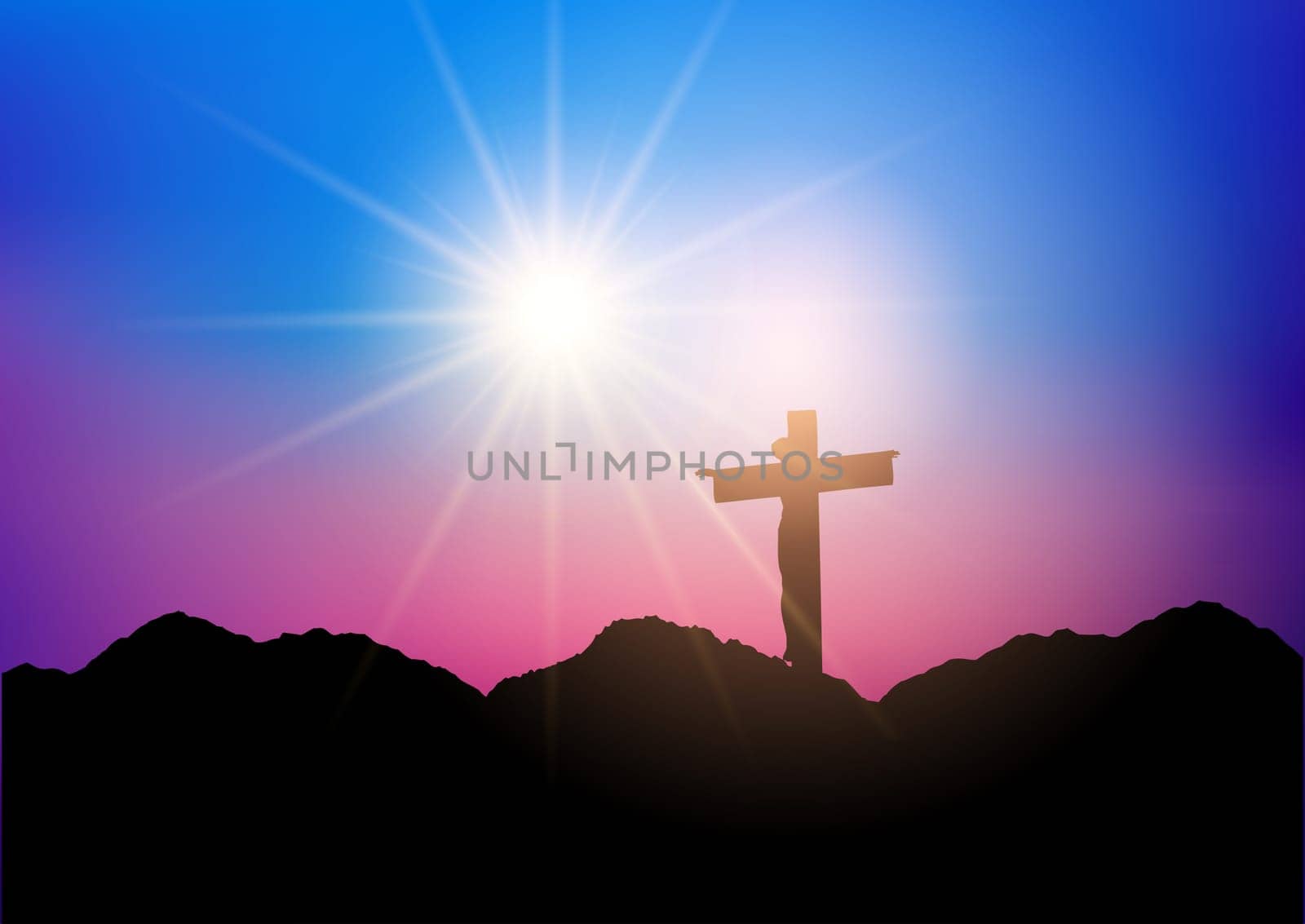 Silhouette of jesus on the cross against a sunset sky