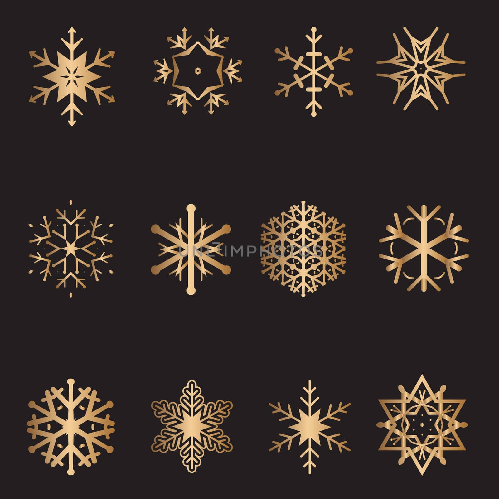 Collection of different designs of gold snowflakes