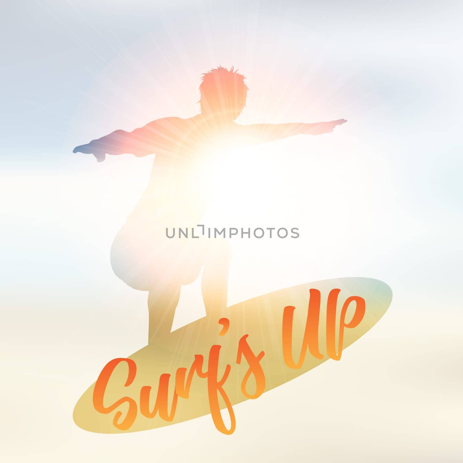 Silhouette of a surfer on a defocussed summer background with the wording Surf's Up