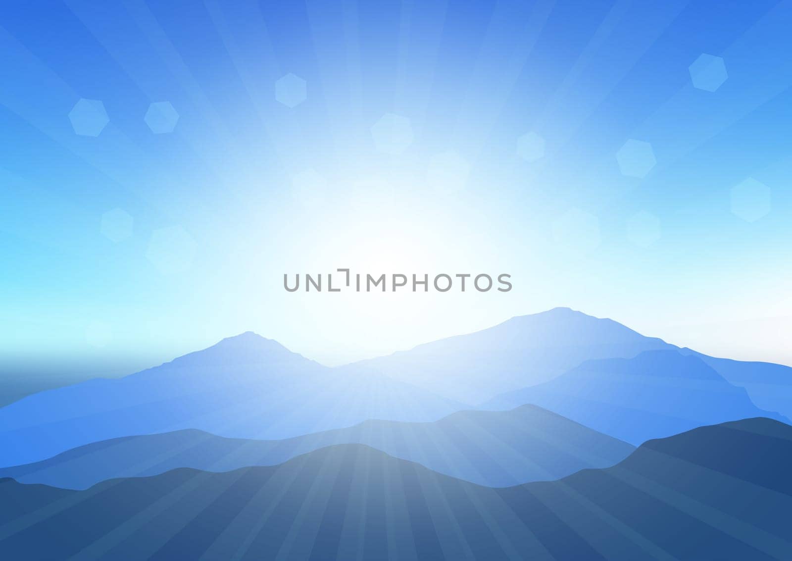 Sunny landscape with mountains against sunset sky