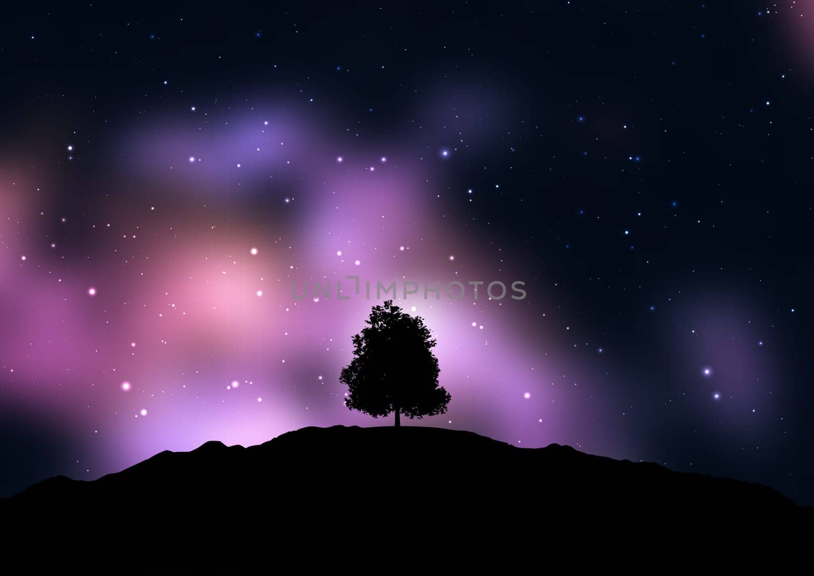 Silhouette of a tree against a starry space sky