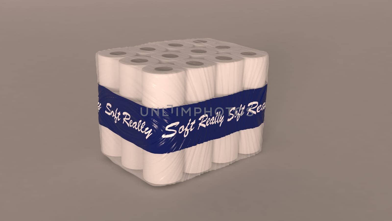 3d render of a bulk packet of shrink wrapped toilet rolls