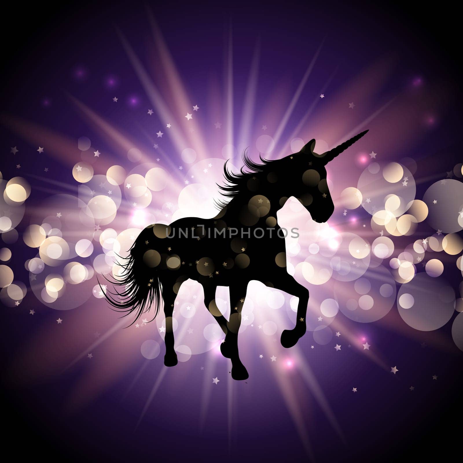 Silhouette of a unicorn on a starburst background