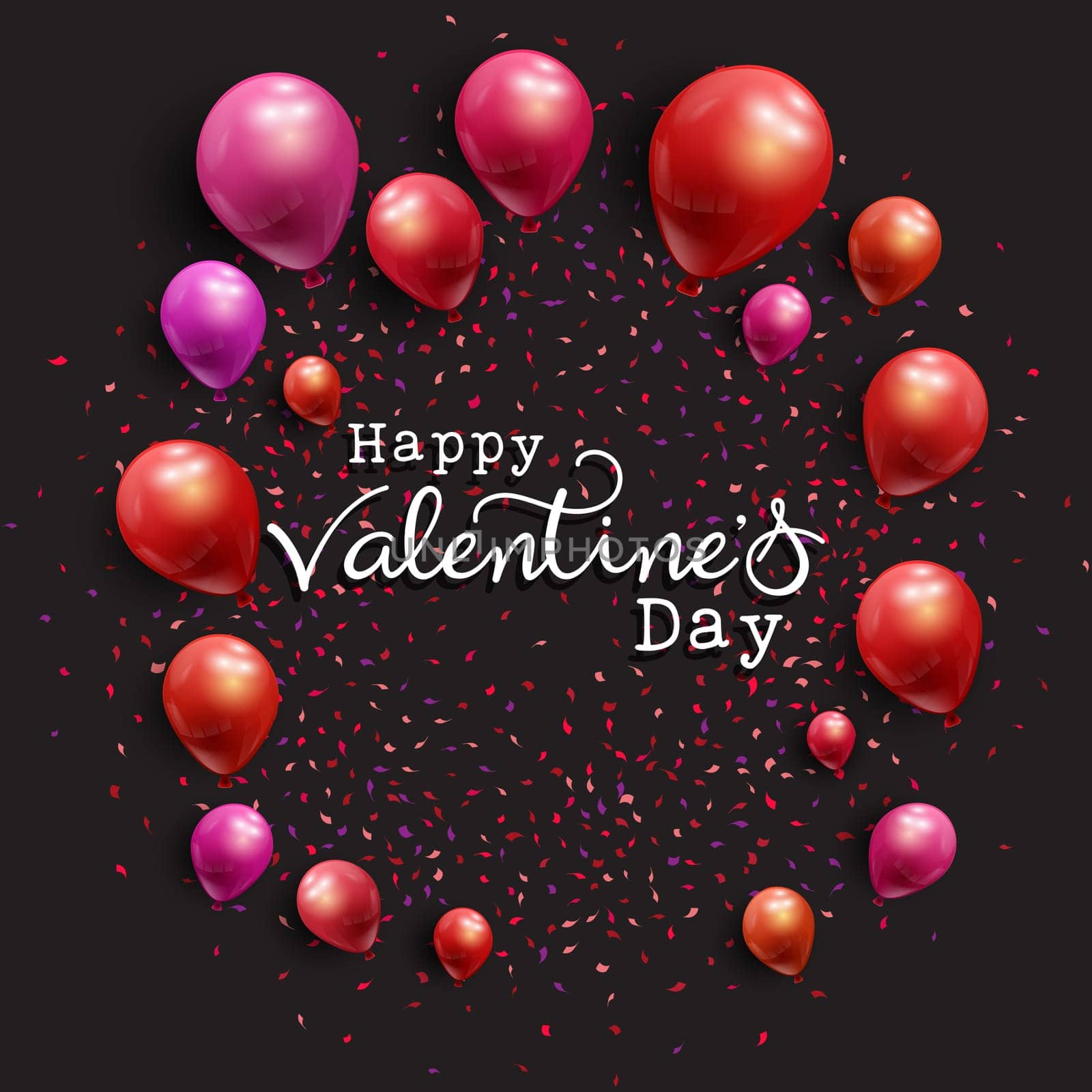 Valentine's Day background with balloons, decorative text and confetti
