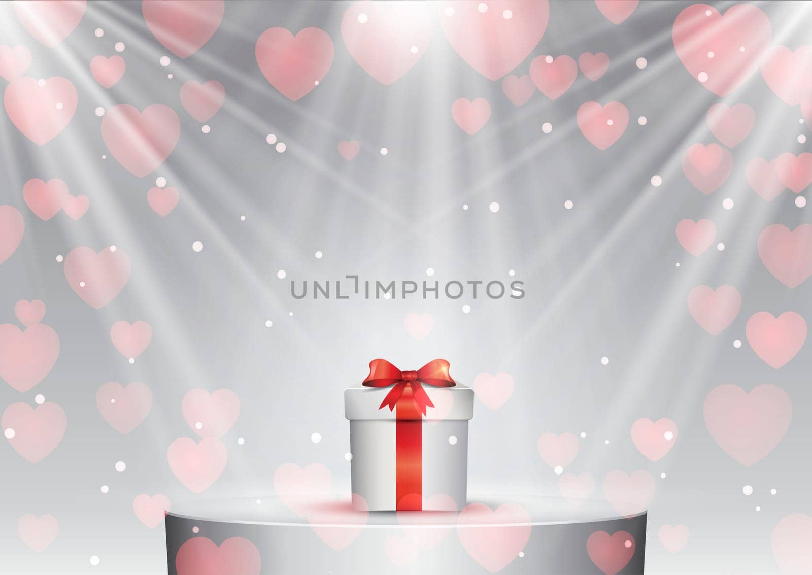 Valentines Day background with gift on a podium under spotlights