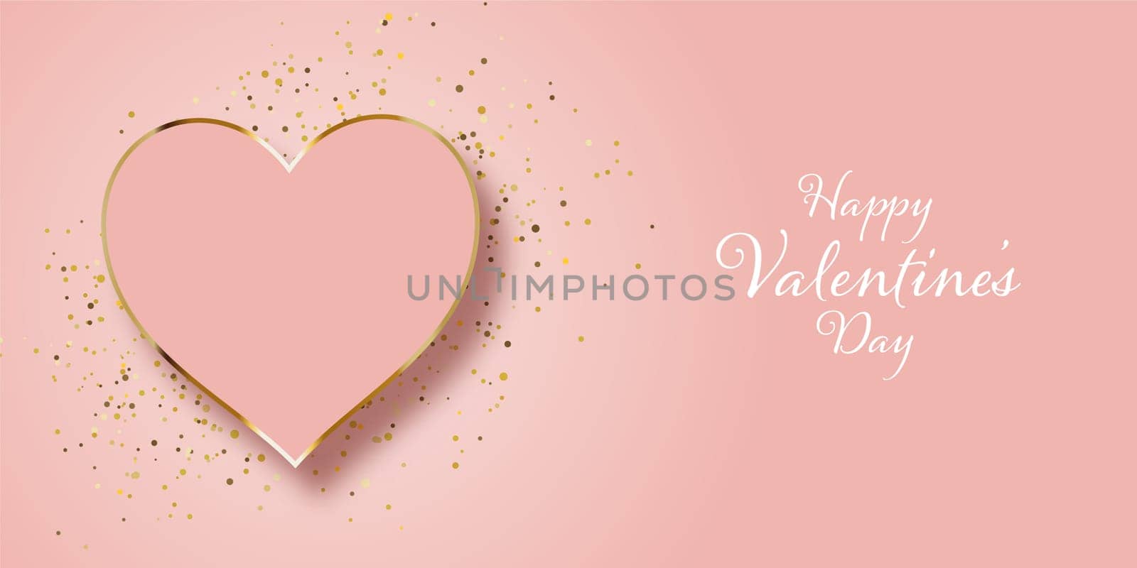 Valentines Day banner design with gold glitter and heart