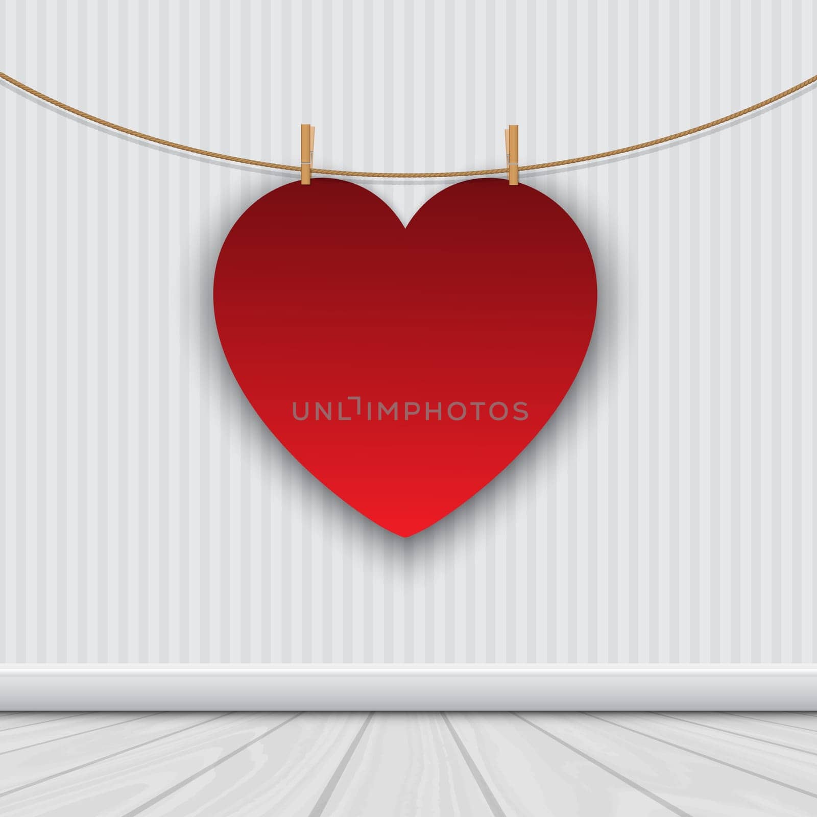 Valentine's Day background with hanging heart in room interior