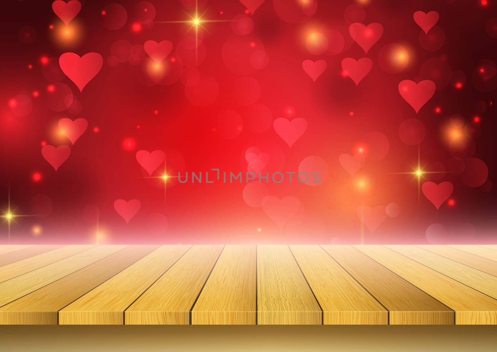 Valentine's Day background with wooden table looking out to a hearts design