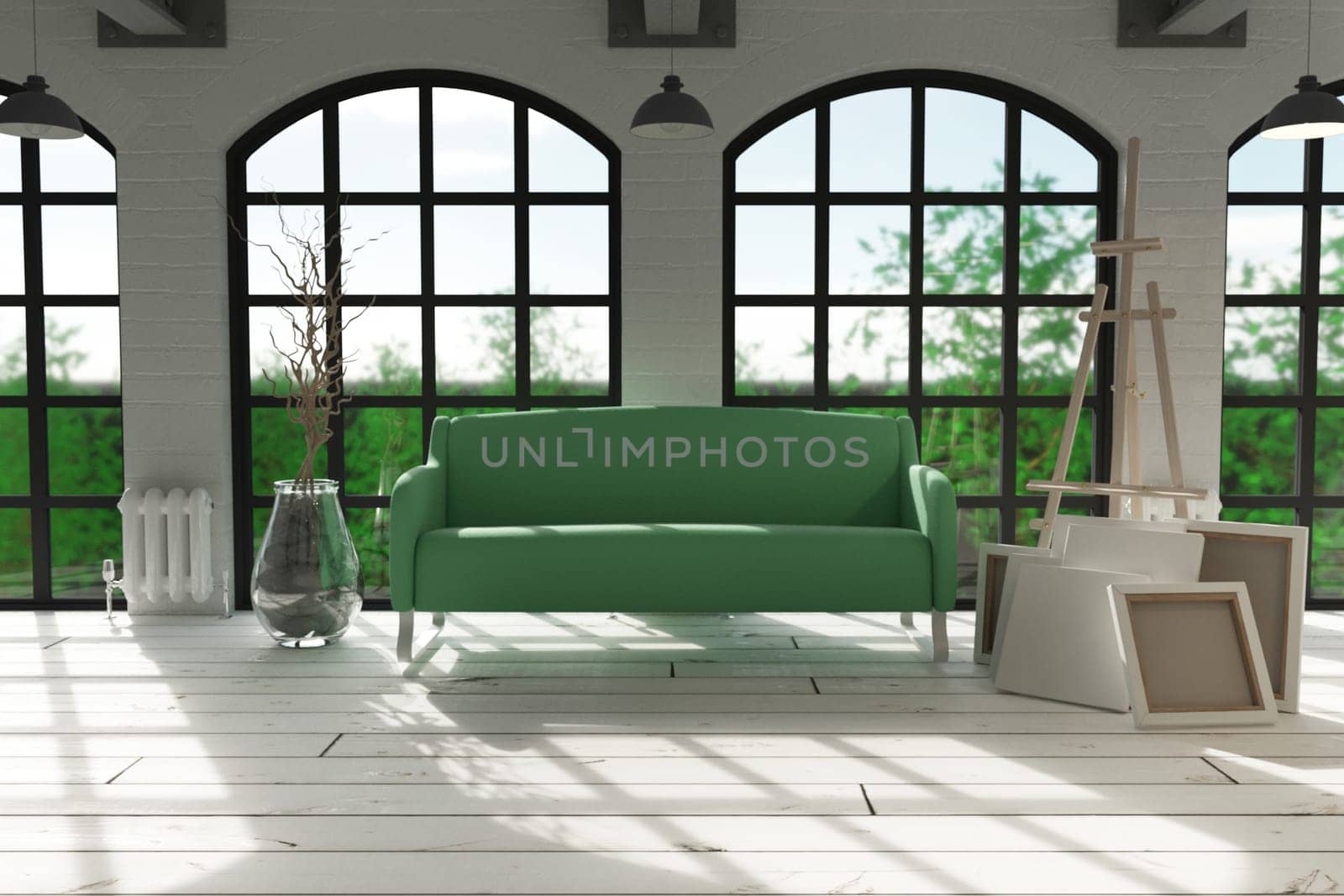 3d render of sofa in modern apartment setting