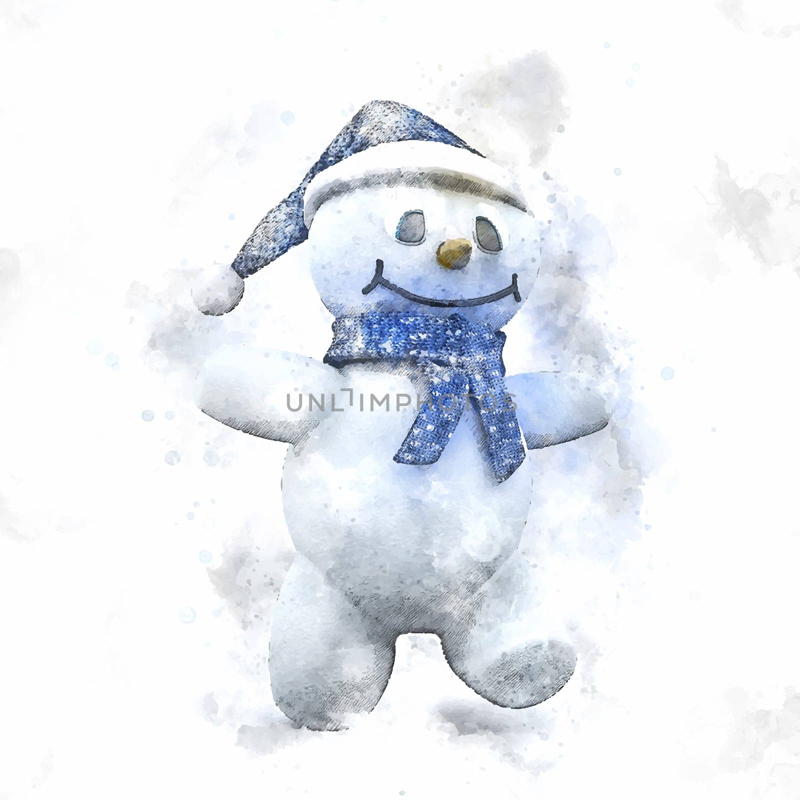 Watercolour painting of a cute Christmas snowman