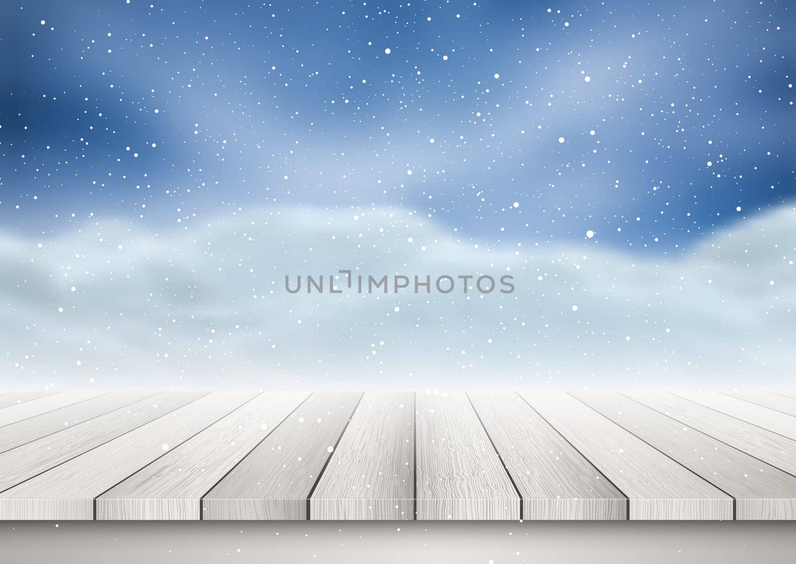 Christmas background of a wooden table looking out to a snowy landscape