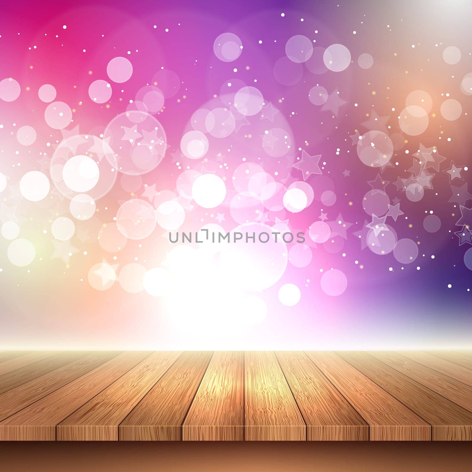 Christmas background with a wooden table looking out to bokeh lights and stars