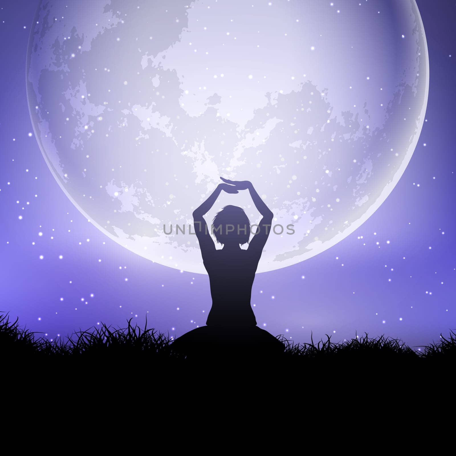 Silhouette of a female in yoga pose against a moonlit sky