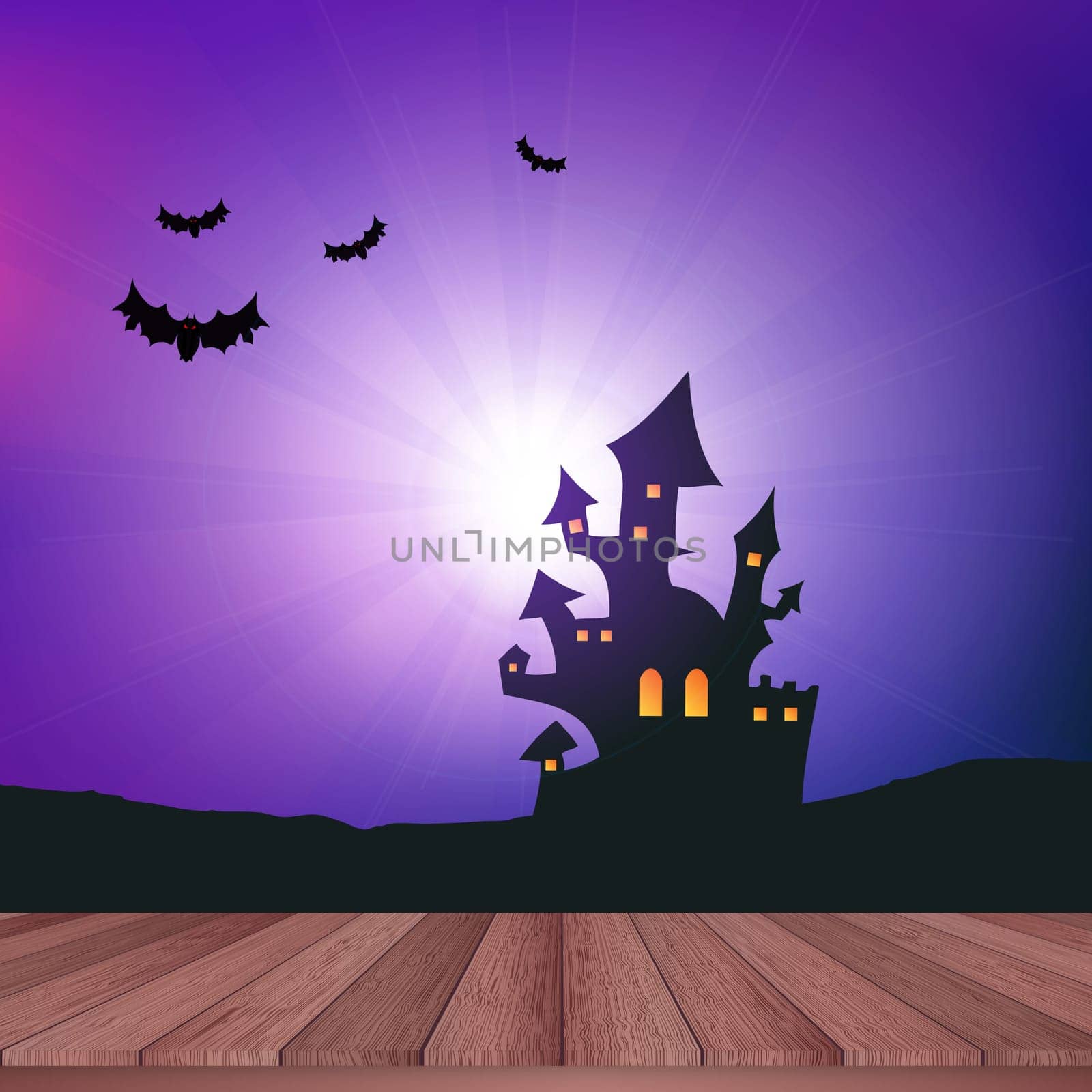 Wooden table looking out to a Halloween castle landscape