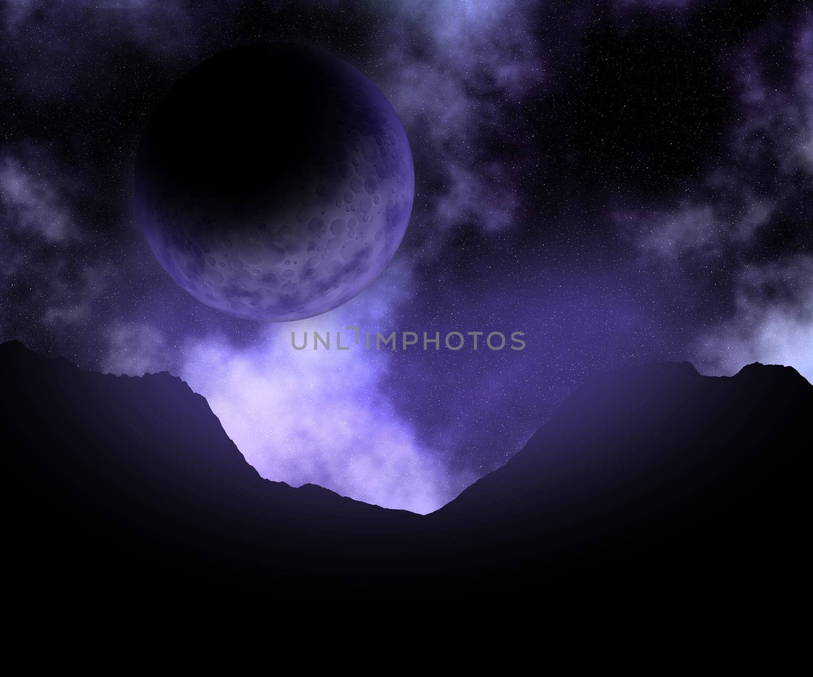 3D abstract space scene with fictional planet against a galaxy sky