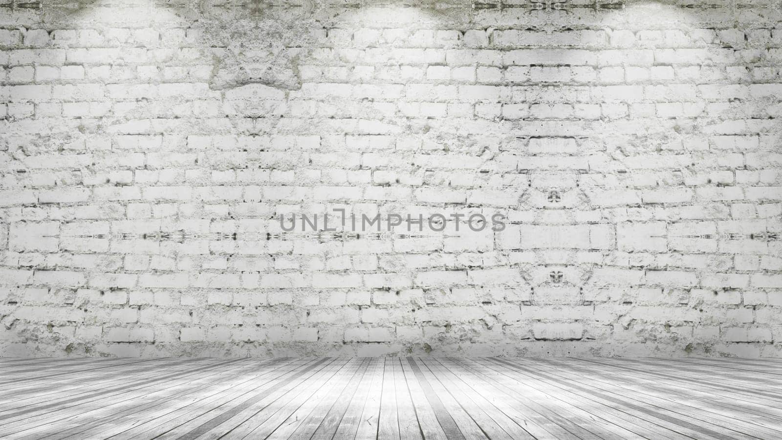 3D grunge interior with brick wall and wooden floor