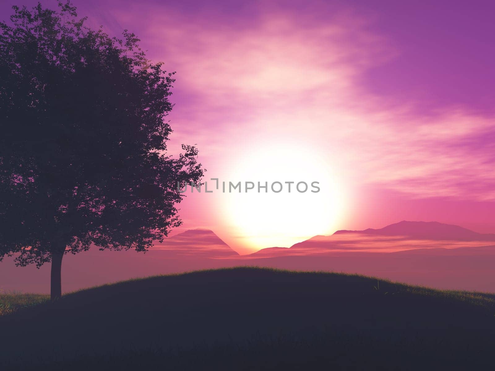 3D arender of a tree landscape against a sunset sky