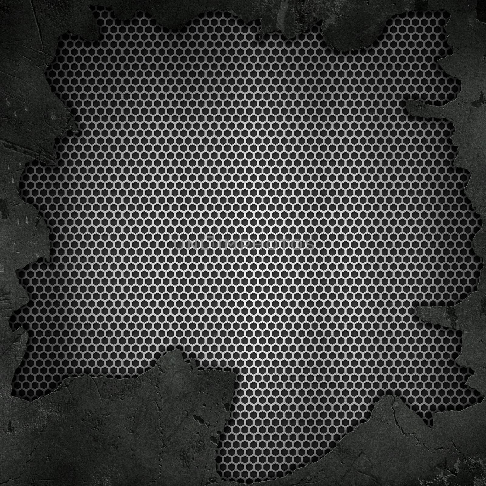3D grunge cracked texture on a perforated metallic background