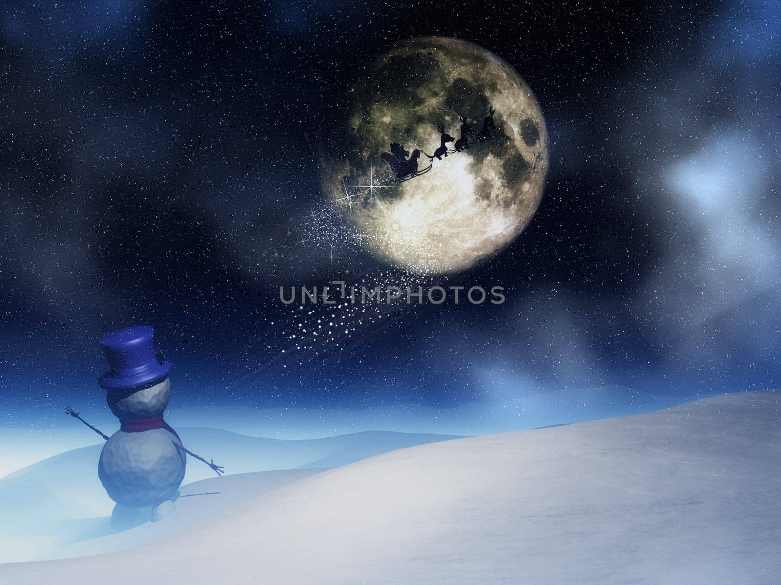 3D Christmas landscape with santa waving to Santa Claus in the night sky