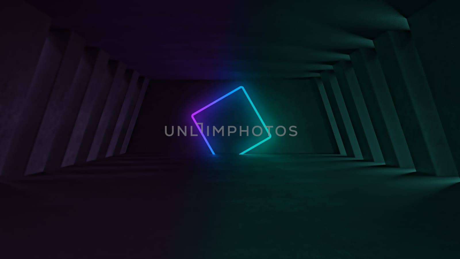 3D render of a neon shape glowing in dark industrial style interior