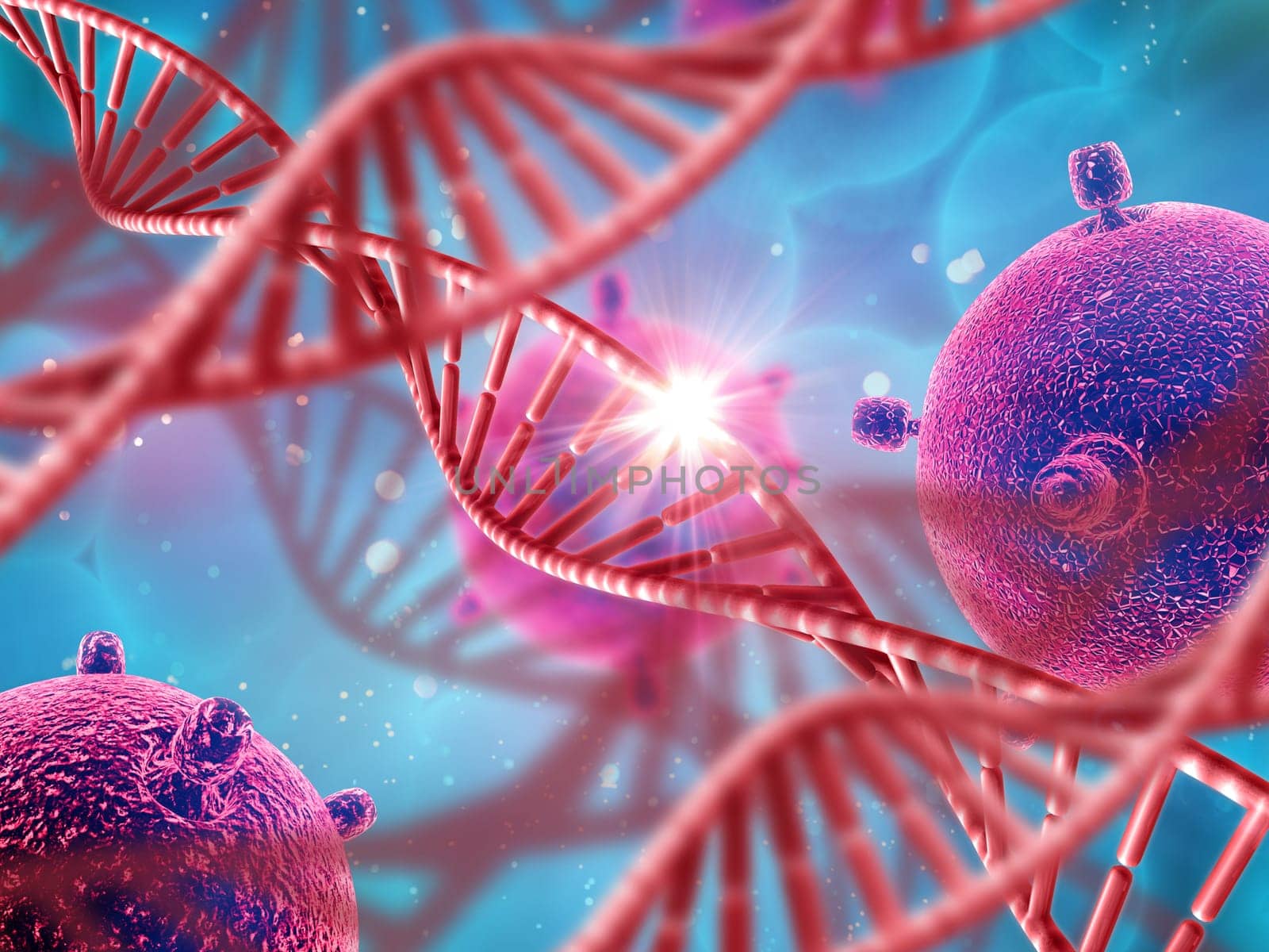 3D medical background with DNA strands and virus cells