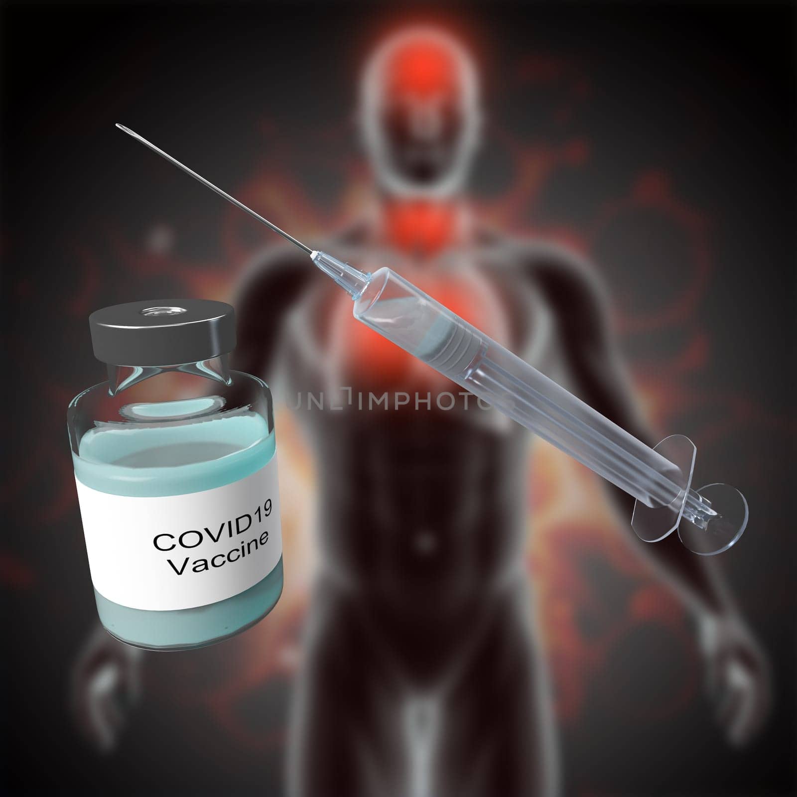 3D medical background with Covid vaccine against defocussed male figure image