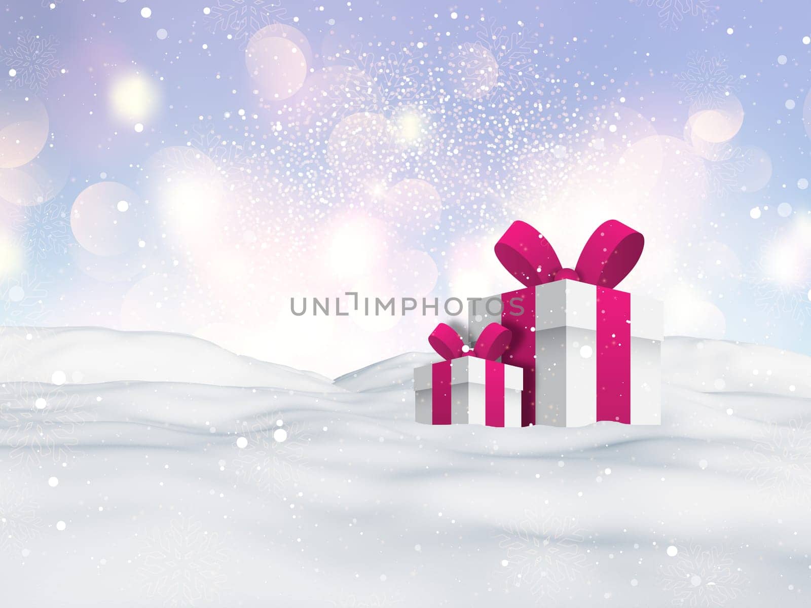 3D render of Christmas gifts nestled in snow