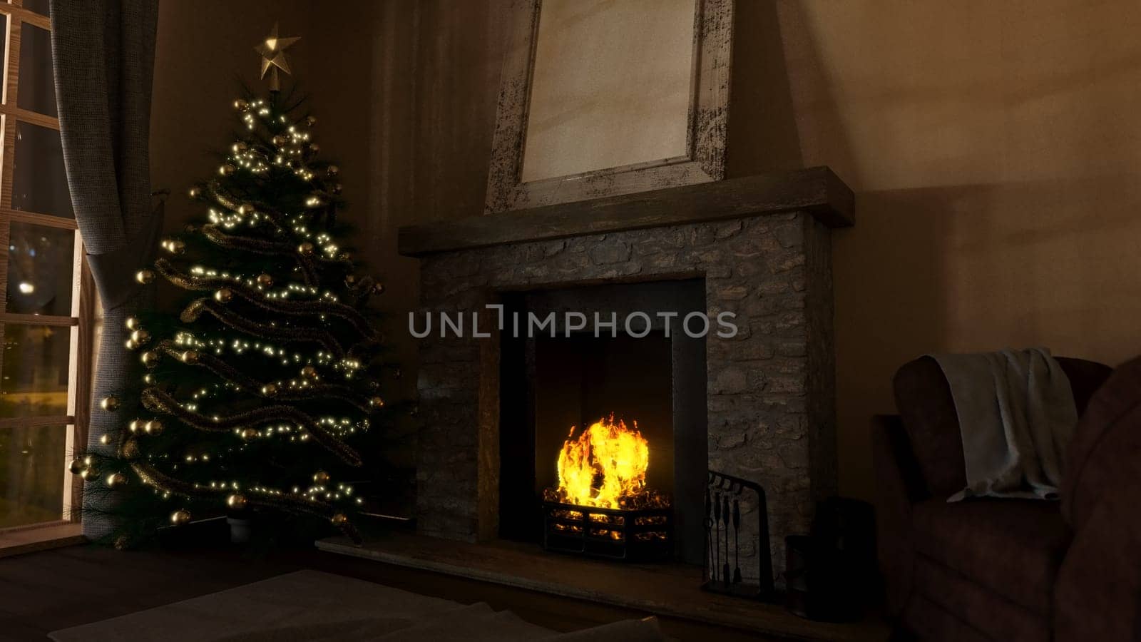 3D modern lounge interior with decorative Christmas tree and roaring fireplace
