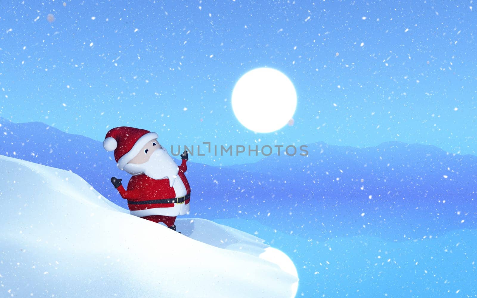 3D render of Santa in a snowy landscape