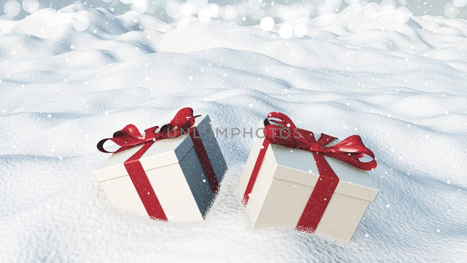 3D render of Christmas gifts nestled in snow
