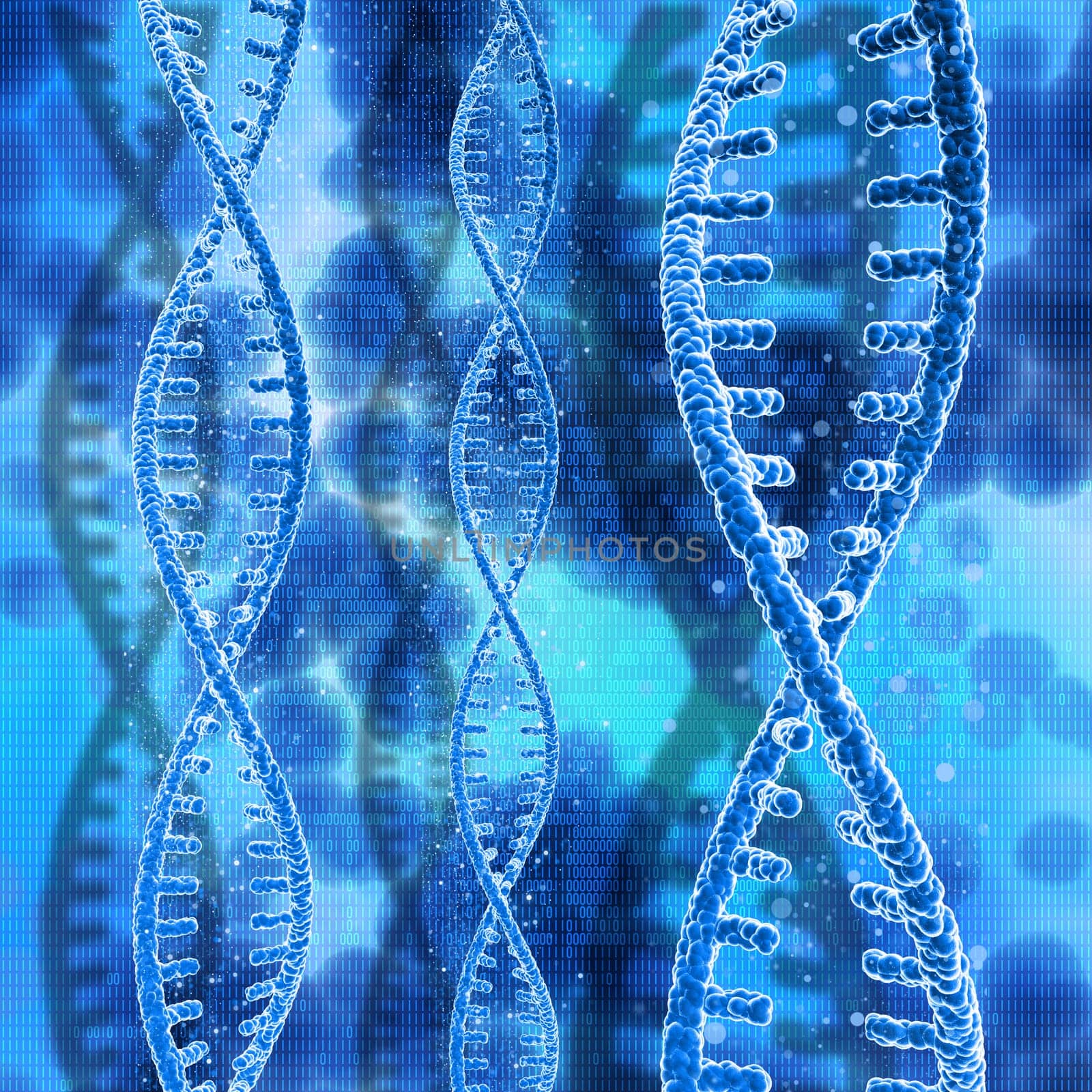 3D render of DNA strands on a binary code background
