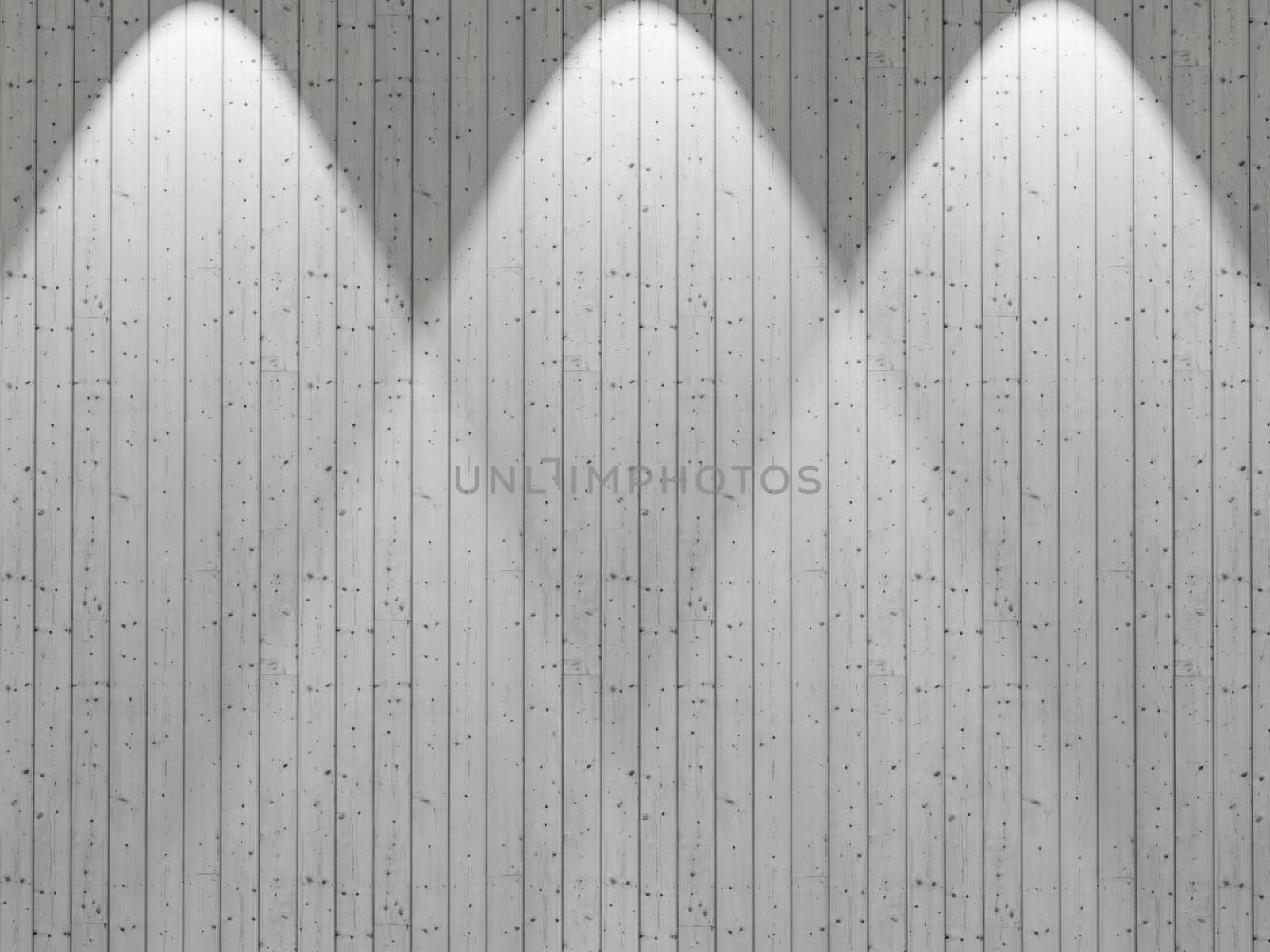 3D render of  a white wooden wall with spotlights shining down