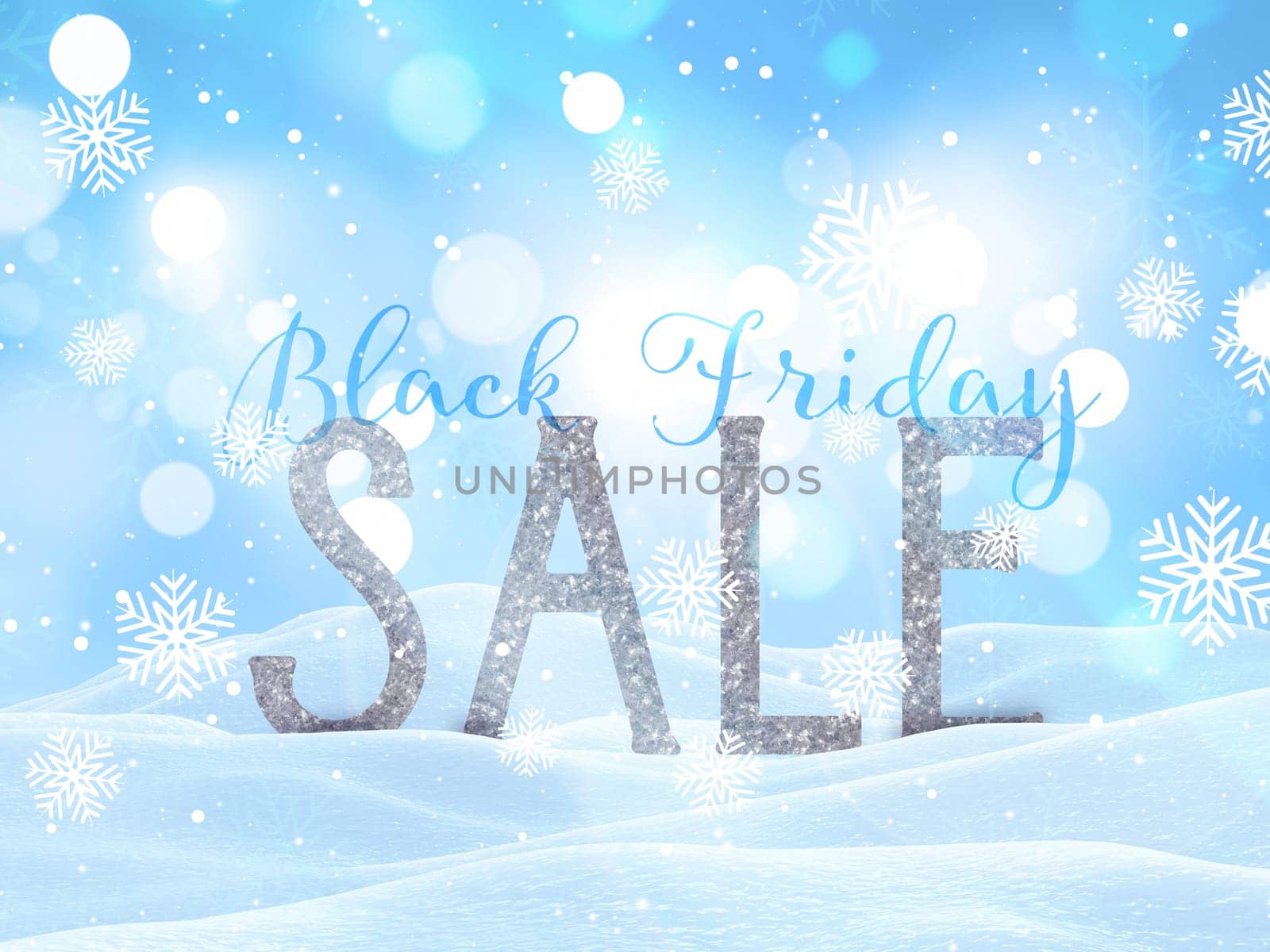 3D render of a Black Friday sale background with snowy Christmas landscape