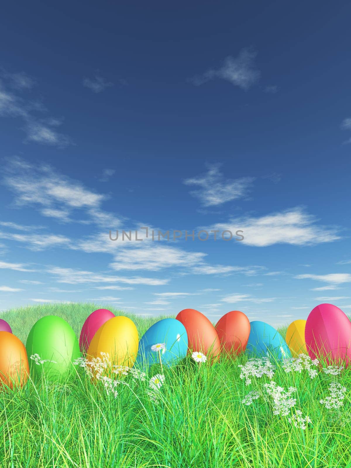 3D render of Easter eggs in grass and daisy landscape