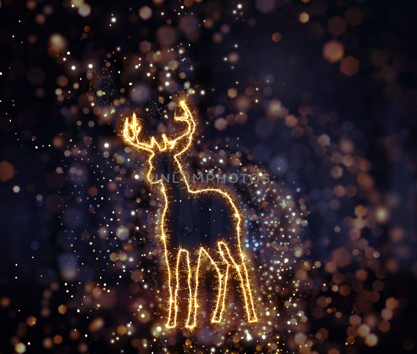 3D render of a Christmas background with sparkly deer outline