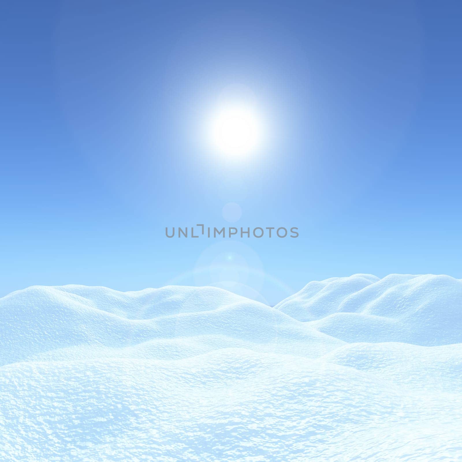 3D render of a Christmas background with snowy landscape against a blue sunny sky
