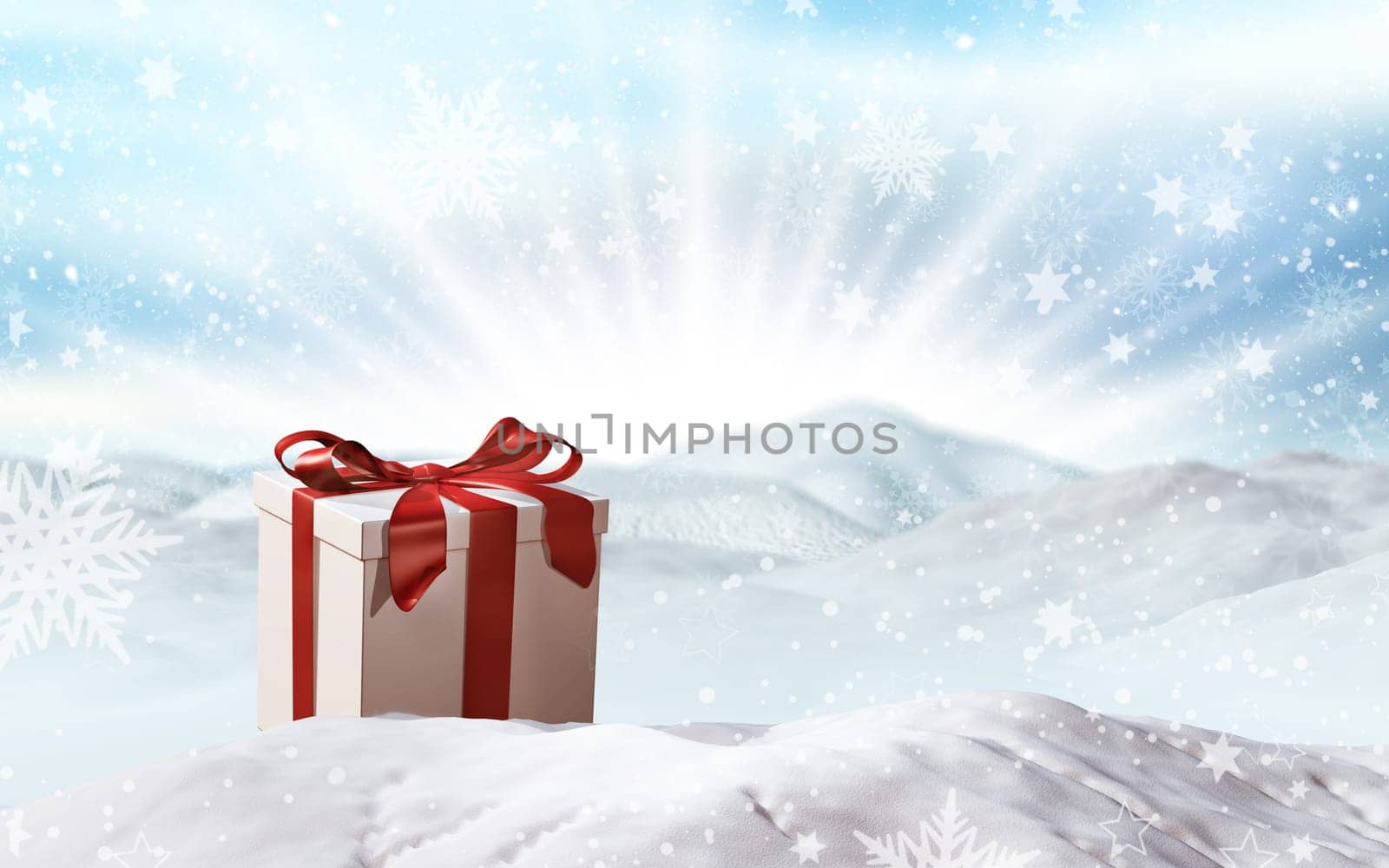 3D render of a Christmas gift nestled in snow