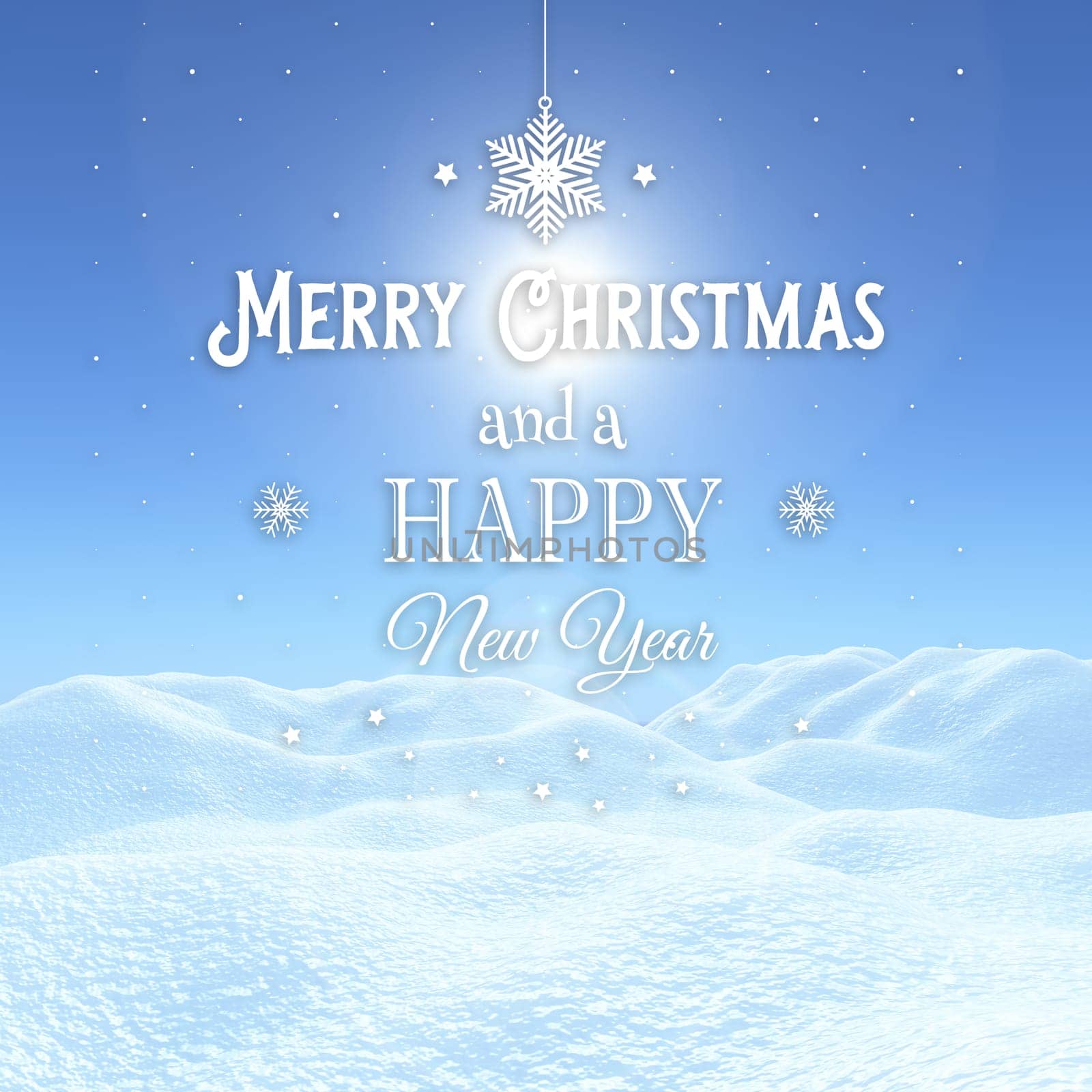 3D render of a Christmas background with snowy landscape with decorative text