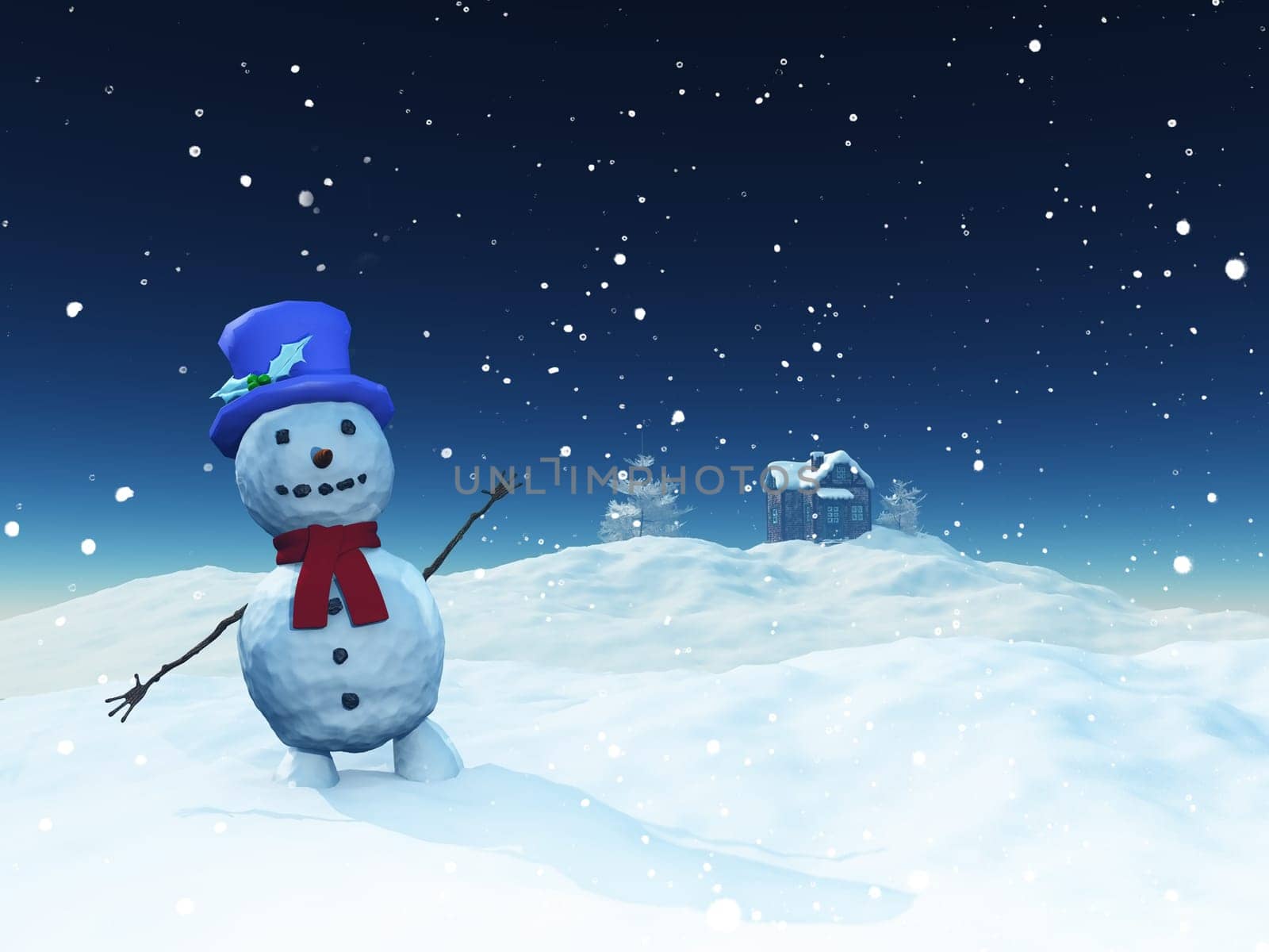 3D render of a Christmas landscape with cute snowman