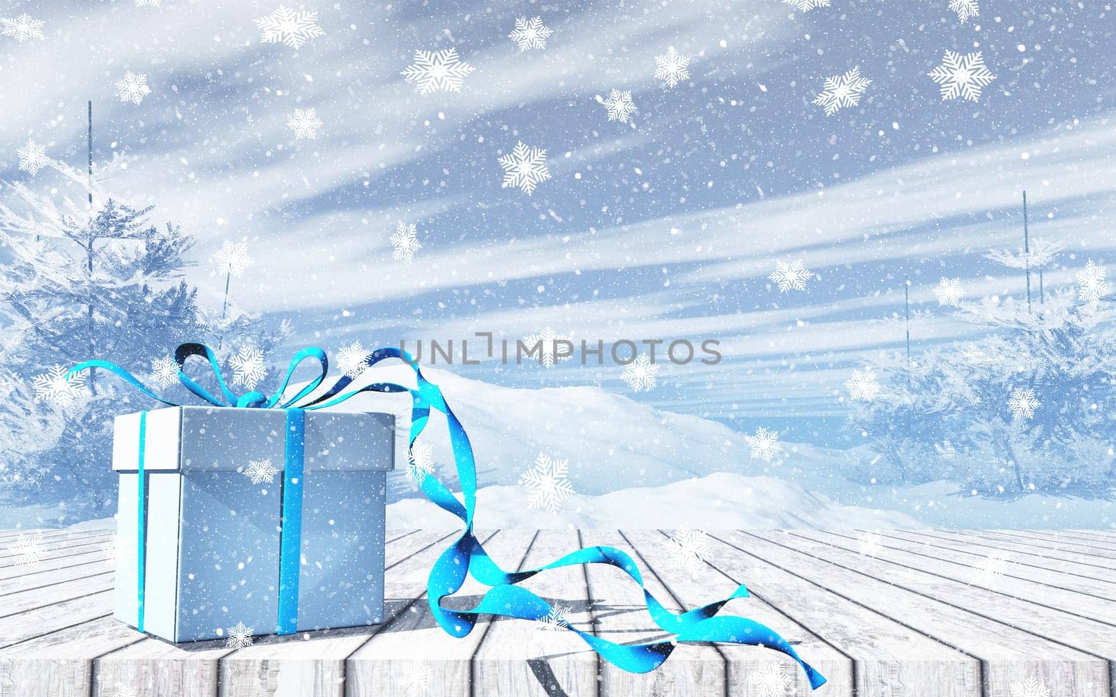 3D render of a Christmas background with gift on wooden table against snowy landscape