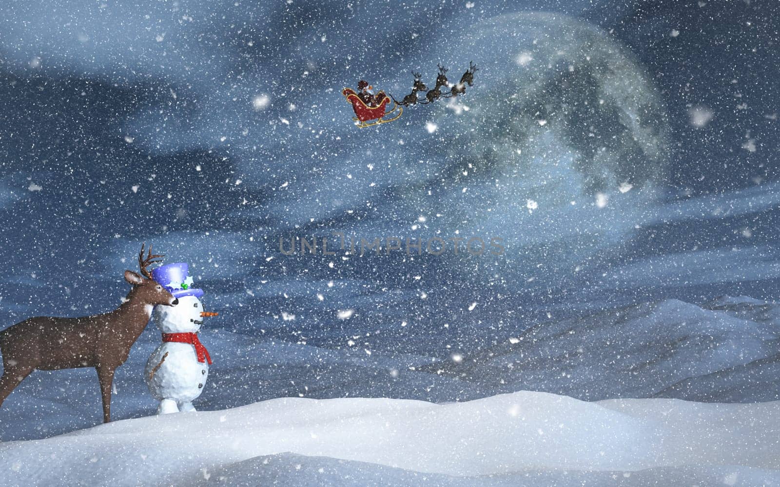 3D render of a Christmas landscape with snowman, reindeer and santa in the sky