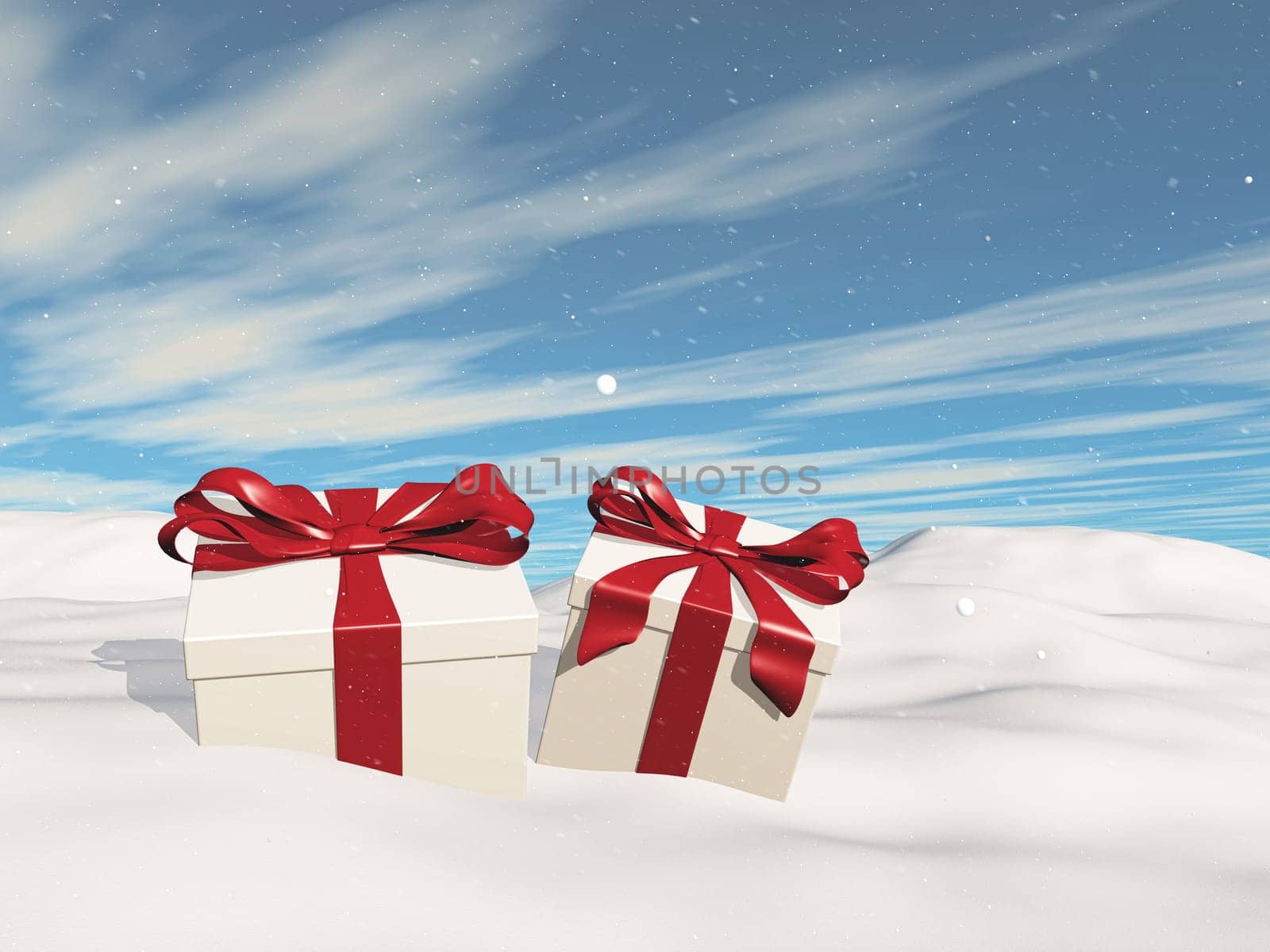 3D render of a Christmas landscape with gifts nestled in snow
