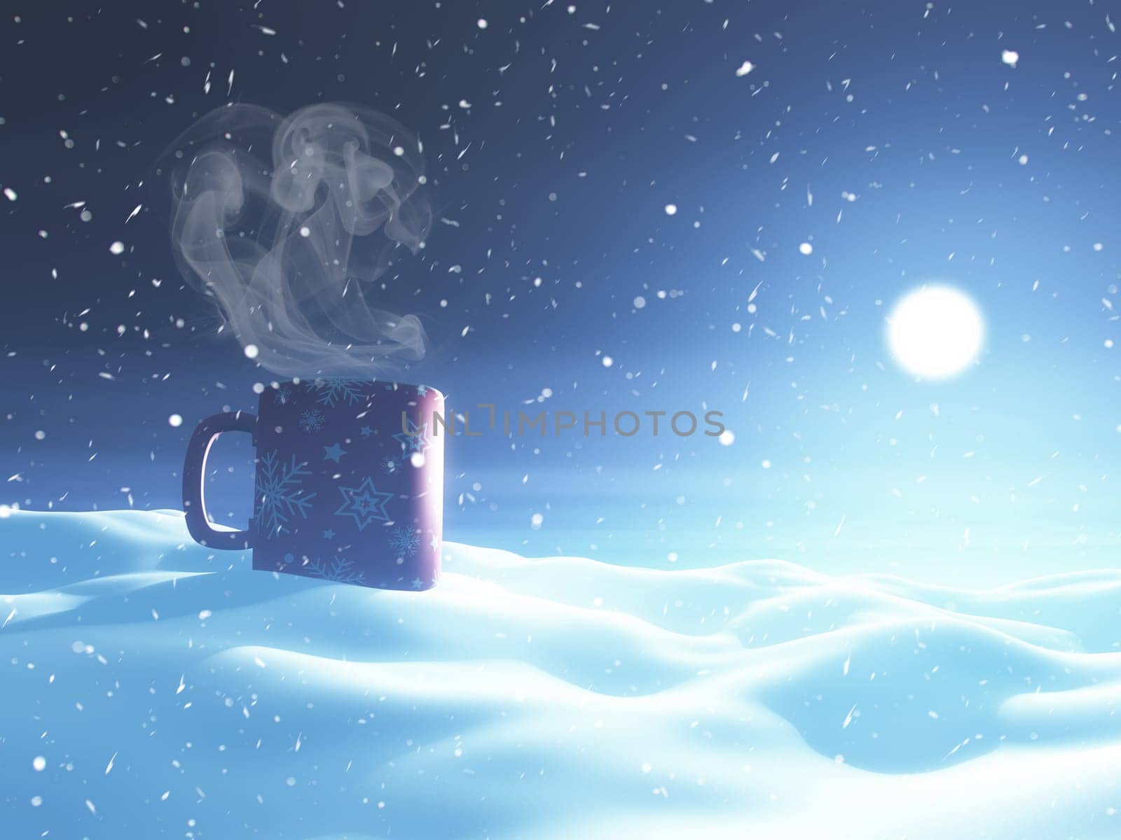 3D render of a Christmas landscape with cup nestled in snow